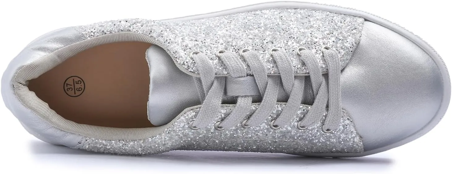 FEVERSOLE Women's Fashion Lace Up Dress Sneakers Sparkly Party Shiny Shoes