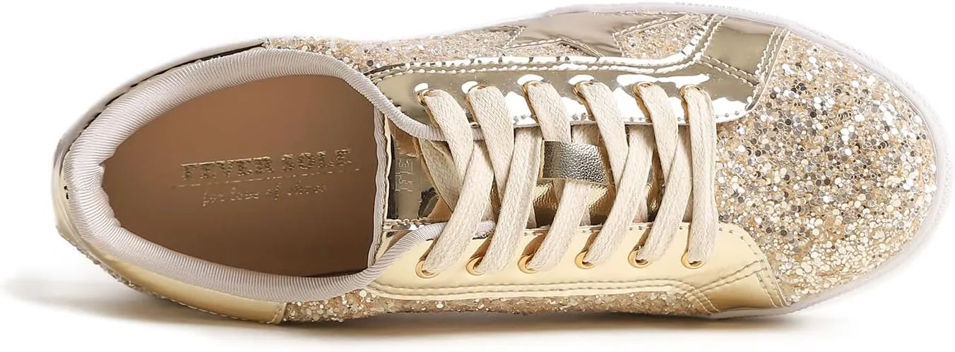 FEVERSOLE Women's Fashion Lace Up Dress Sneakers Sparkly Party Shiny Shoes