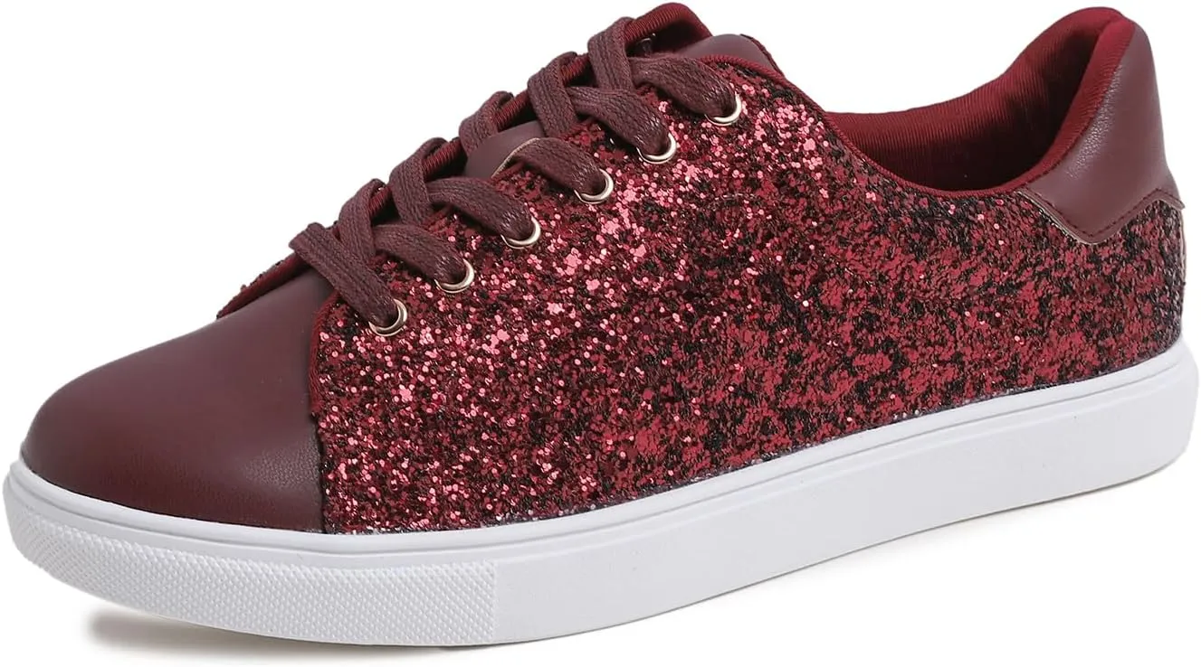 FEVERSOLE Women's Fashion Lace Up Dress Sneakers Sparkly Party Shiny Shoes