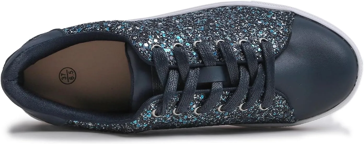 FEVERSOLE Women's Fashion Lace Up Dress Sneakers Sparkly Party Shiny Shoes
