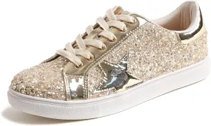 FEVERSOLE Women's Fashion Lace Up Dress Sneakers Sparkly Party Shiny Shoes