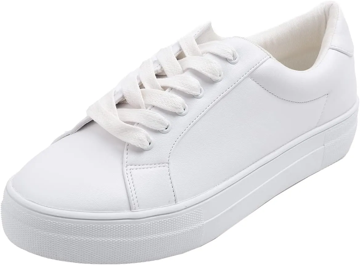 FEVERSOLE Women's Fashion Platform Vegan Leather Daily Casual Lace Up Sneaker