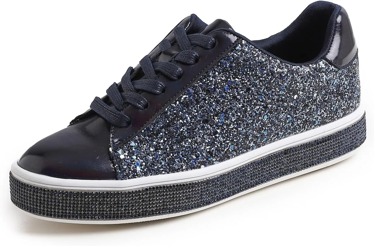 FEVERSOLE Women's Fashion Sparkle Platform Rhinestone Party Holiday Wedding Sneakers