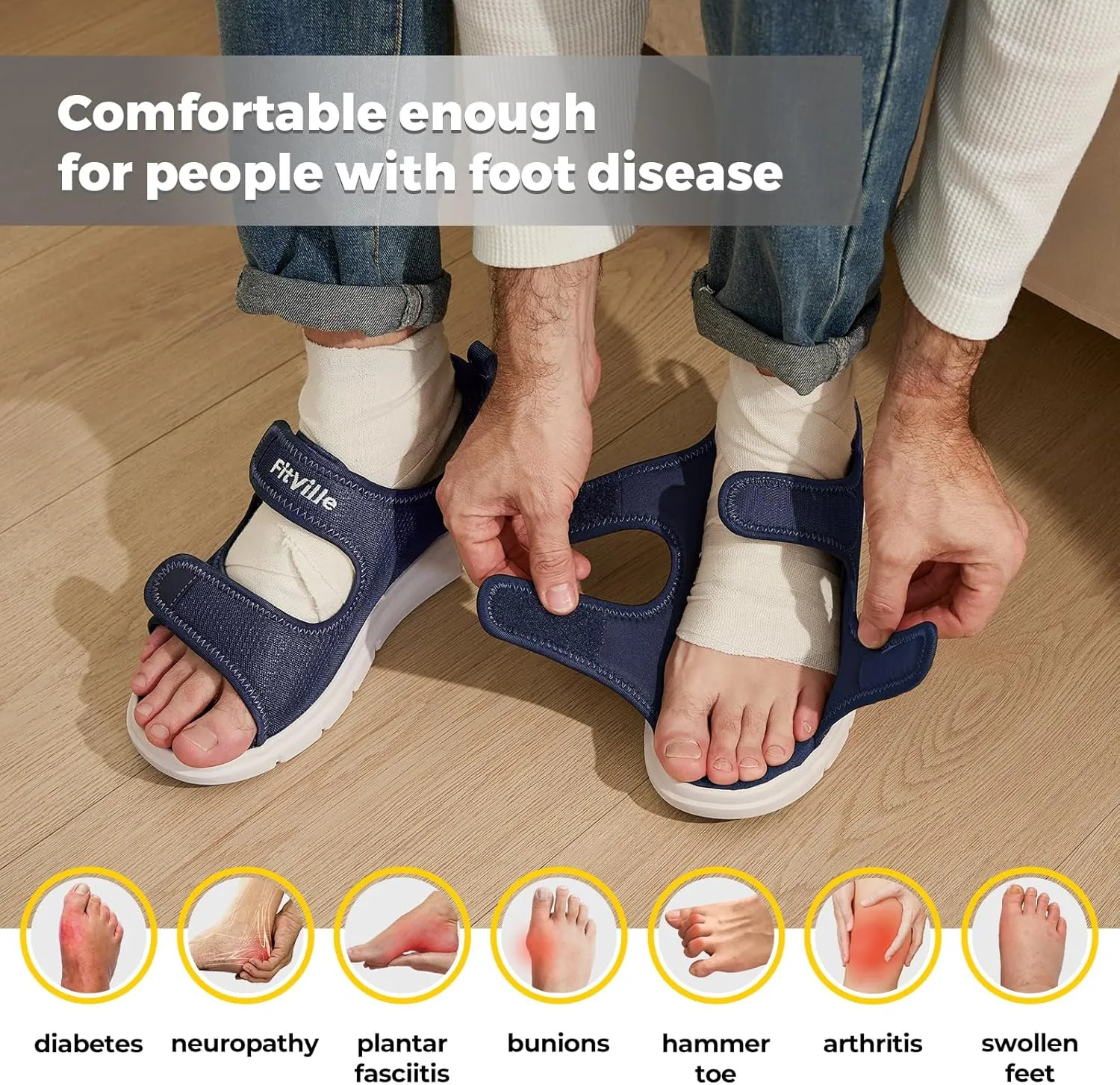 FitVille Diabetic Sandals for Men Wide Width with Arch Support, Men Diabetic Sandals Adjustable