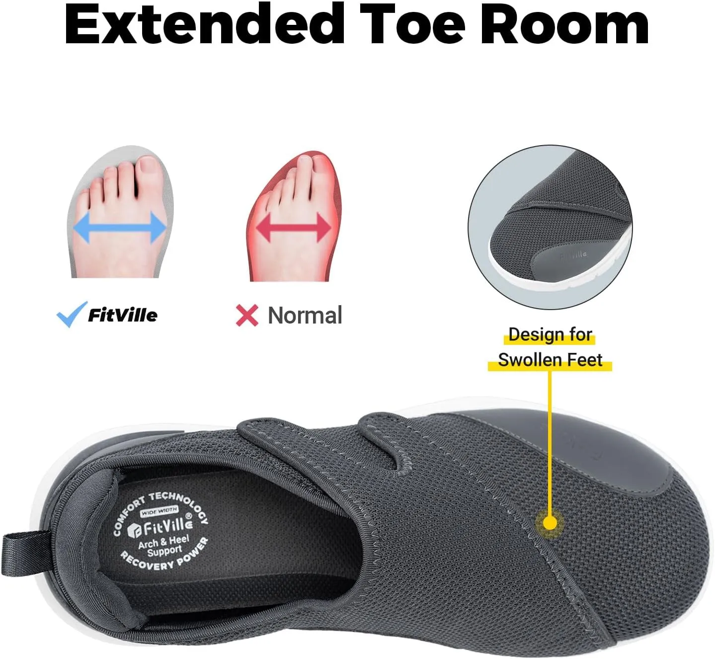 FitVille Diabetic Shoes for Men Extra Wide Width XX-Wide Orthopedic Slip-on Shoes Adjustable Closure Walking Sneakers with Arch Support Cushioning Therapeutic for Swollen Feet