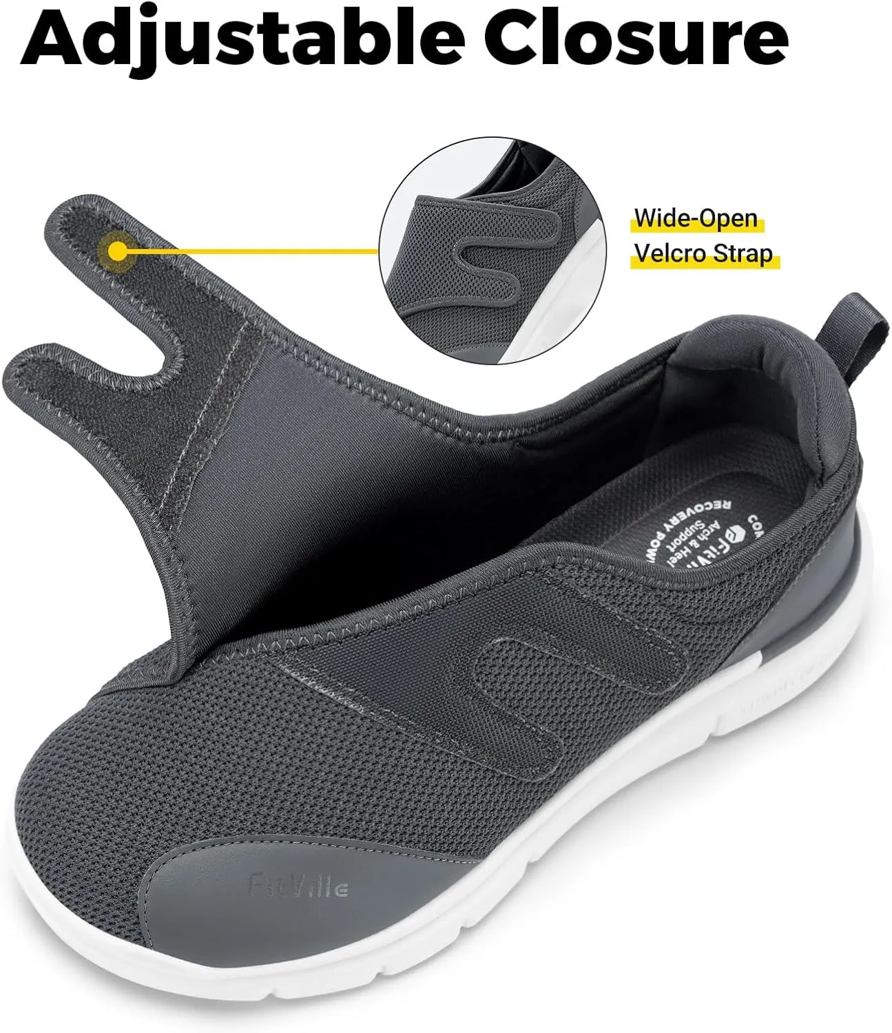 FitVille Diabetic Shoes for Men Extra Wide Width XX-Wide Orthopedic Slip-on Shoes Adjustable Closure Walking Sneakers with Arch Support Cushioning Therapeutic for Swollen Feet