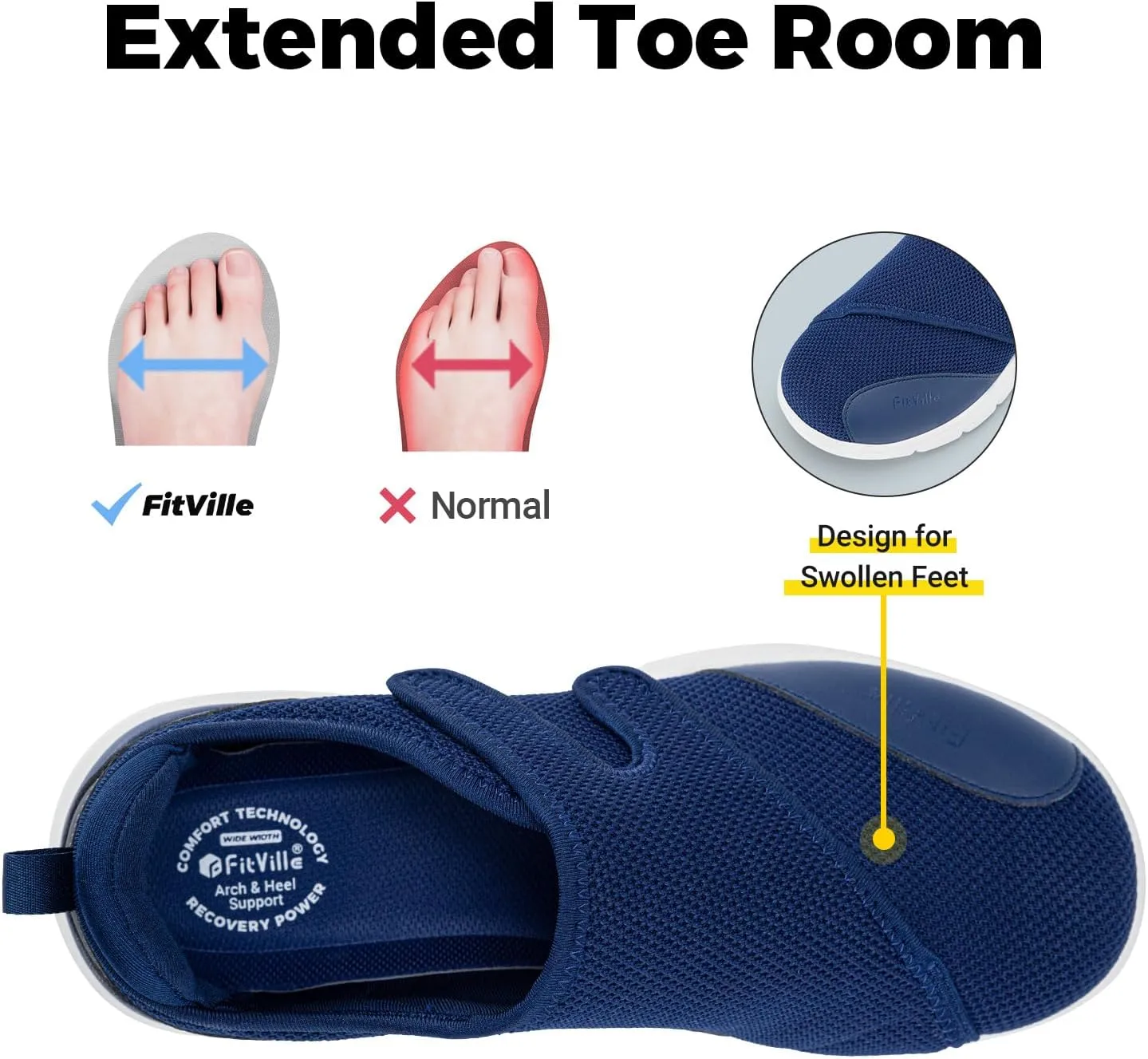 FitVille Diabetic Shoes for Men Extra Wide Width XX-Wide Orthopedic Slip-on Shoes Adjustable Closure Walking Sneakers with Arch Support Cushioning Therapeutic for Swollen Feet