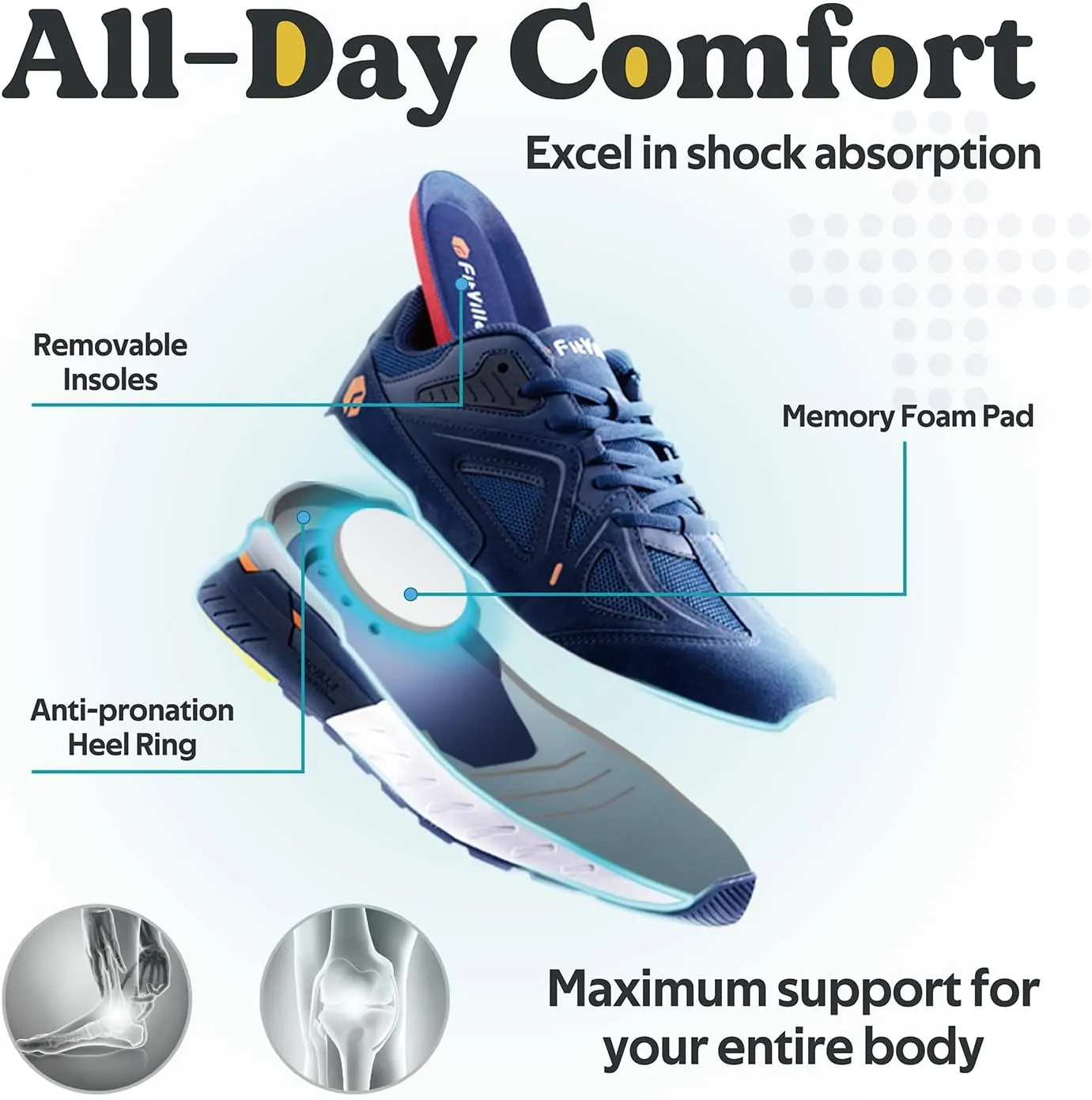 FitVille Extra Wide Walking Shoes for Men Wide Width Sneakers for Flat Feet Heel Pain Relief - Rebound Core