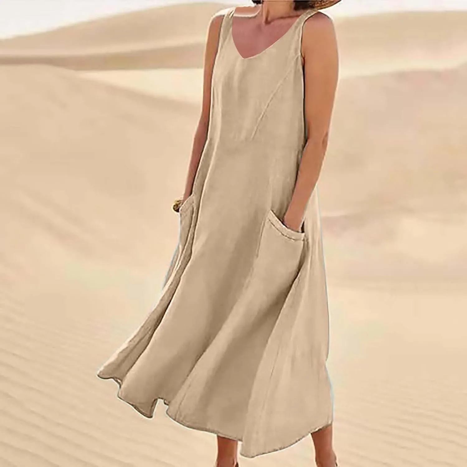 Floral Dresses for Women Summer Beach Sleeveless Sundress Pockets Swing Casual Loose Tshirt Dress