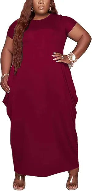 Fooullaide Women Casual Plus Size Dress Summer Short Sleeve V Neck T Shirt Loose Oversize Flowy Long Dresses with Pocket