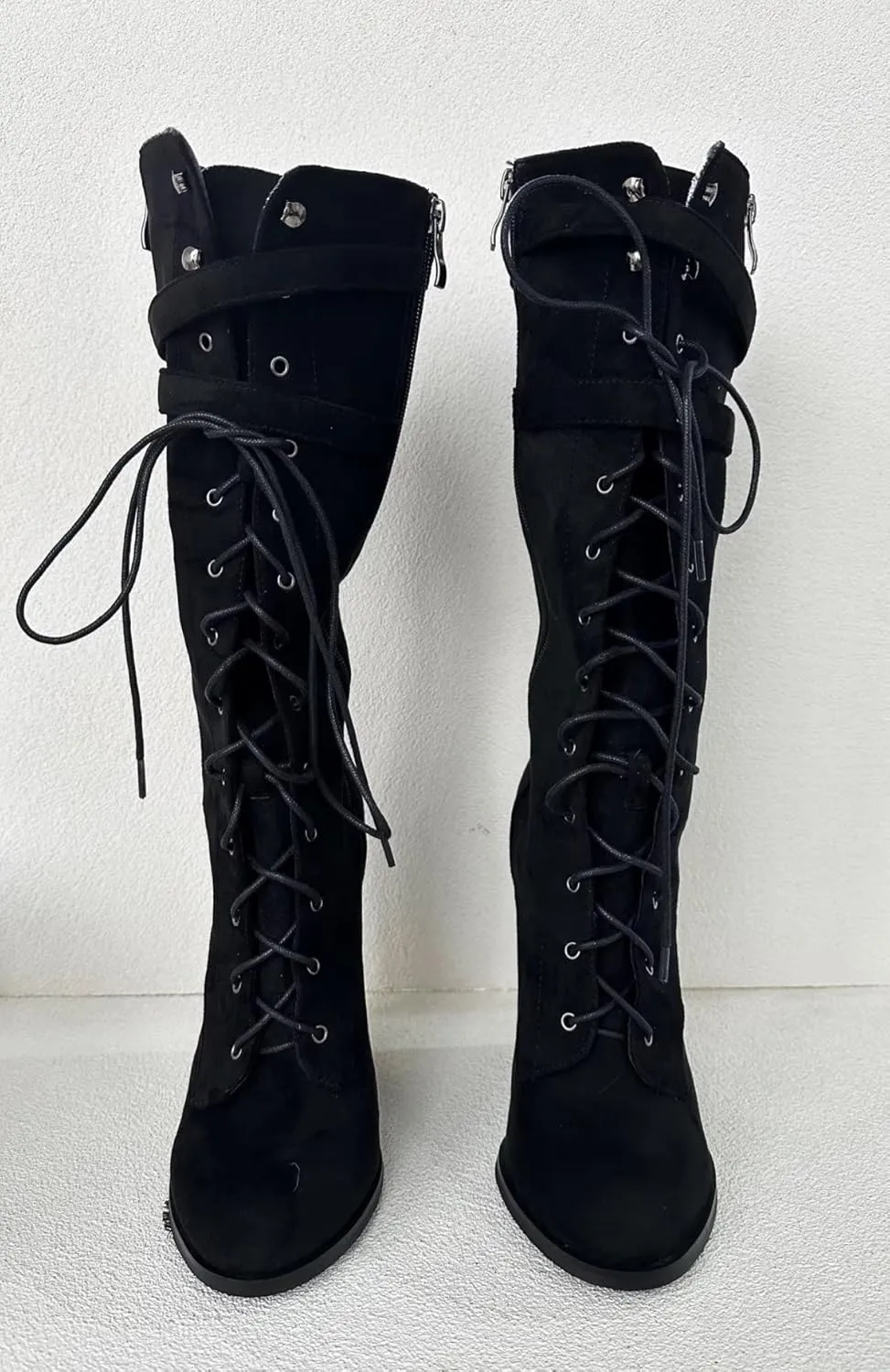 Frankie Hsu Sexy Unisex Wedge Knee High Heeled Wide Calf Long Boots, Black Suede Lace Up Buckle Classic Fashion Luxury Style, Big Large Size US4-19 Dressy Shoes For Women Men