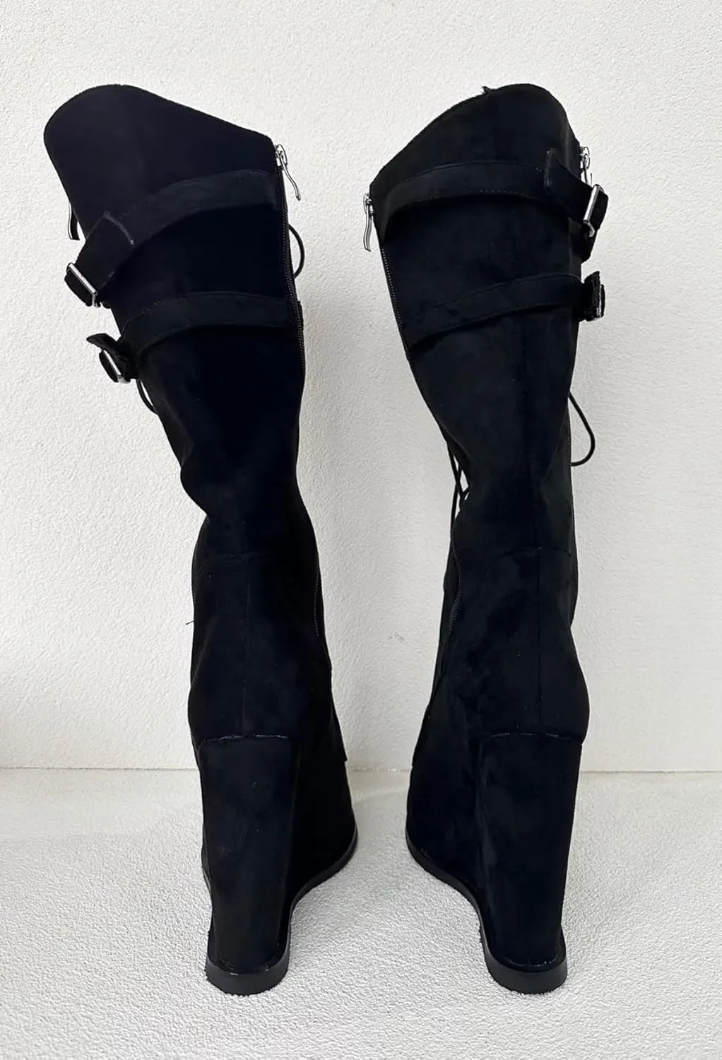 Frankie Hsu Sexy Unisex Wedge Knee High Heeled Wide Calf Long Boots, Black Suede Lace Up Buckle Classic Fashion Luxury Style, Big Large Size US4-19 Dressy Shoes For Women Men