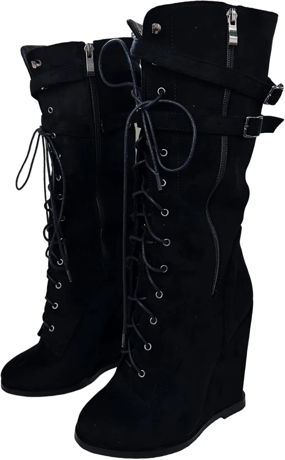 Frankie Hsu Sexy Unisex Wedge Knee High Heeled Wide Calf Long Boots, Black Suede Lace Up Buckle Classic Fashion Luxury Style, Big Large Size US4-19 Dressy Shoes For Women Men