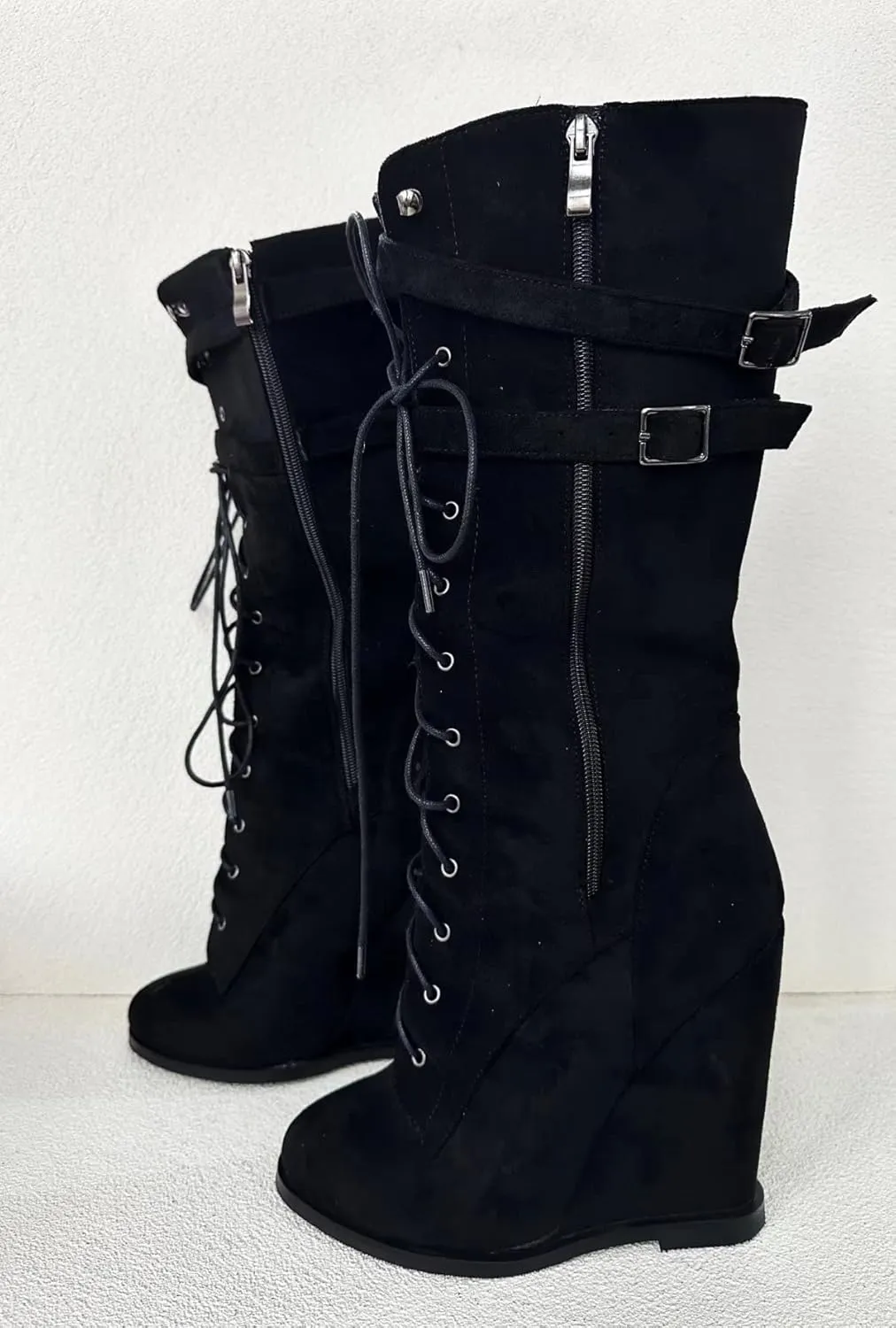 Frankie Hsu Sexy Unisex Wedge Knee High Heeled Wide Calf Long Boots, Black Suede Lace Up Buckle Classic Fashion Luxury Style, Big Large Size US4-19 Dressy Shoes For Women Men