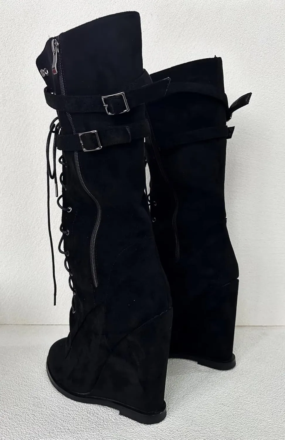 Frankie Hsu Sexy Unisex Wedge Knee High Heeled Wide Calf Long Boots, Black Suede Lace Up Buckle Classic Fashion Luxury Style, Big Large Size US4-19 Dressy Shoes For Women Men