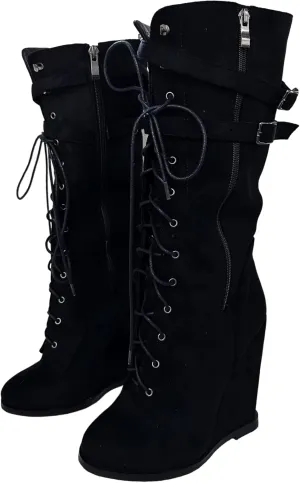 Frankie Hsu Sexy Unisex Wedge Knee High Heeled Wide Calf Long Boots, Black Suede Lace Up Buckle Classic Fashion Luxury Style, Big Large Size US4-19 Dressy Shoes For Women Men