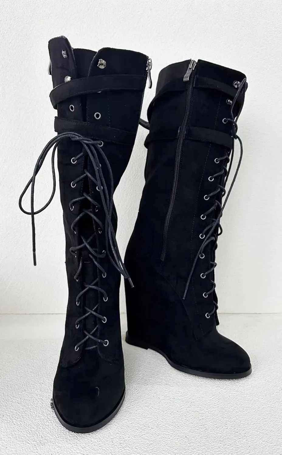 Frankie Hsu Sexy Unisex Wedge Knee High Heeled Wide Calf Long Boots, Black Suede Lace Up Buckle Classic Fashion Luxury Style, Big Large Size US4-19 Dressy Shoes For Women Men