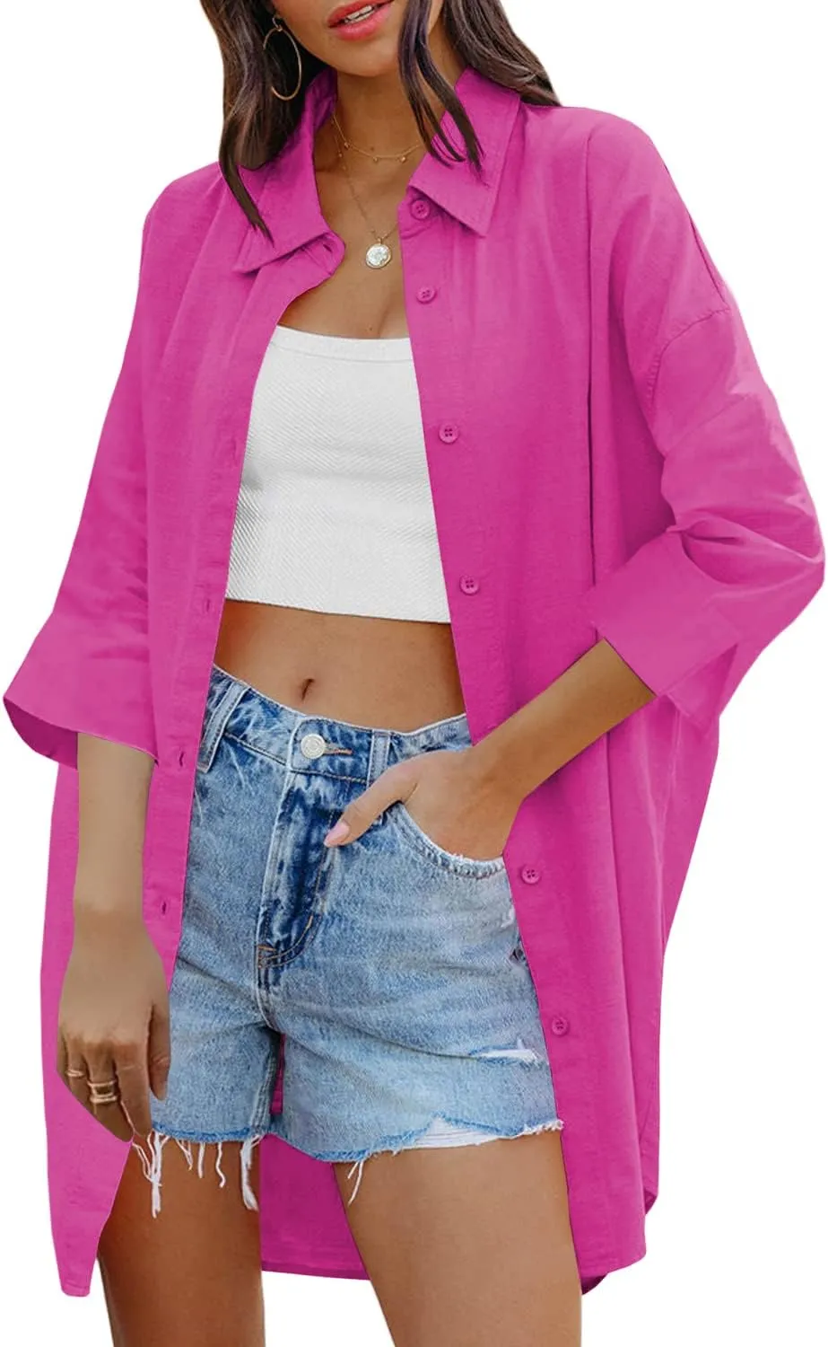 FSHAOES Womens Oversized Button Down Shirts Casual Loose Long Sleeve Solid Lapel Long Blouses Tops with Pockets
