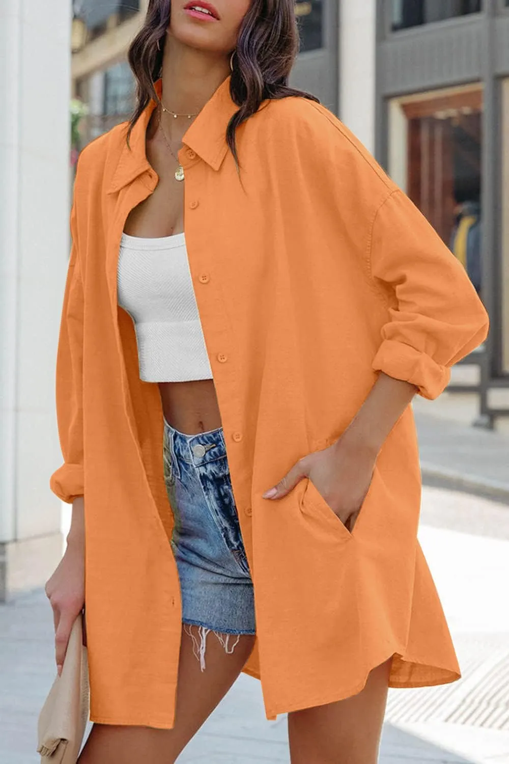 FSHAOES Womens Oversized Button Down Shirts Casual Loose Long Sleeve Solid Lapel Long Blouses Tops with Pockets