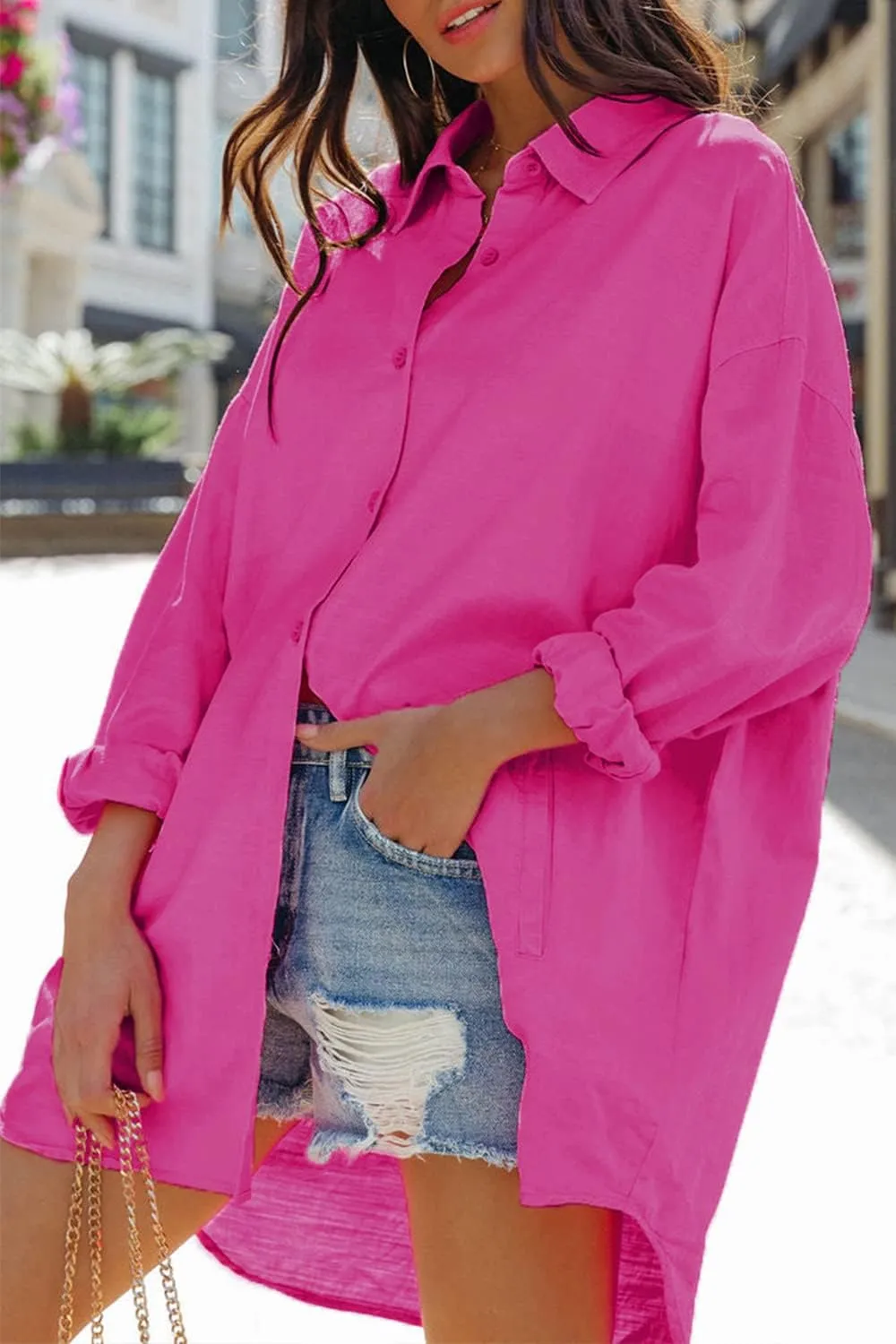FSHAOES Womens Oversized Button Down Shirts Casual Loose Long Sleeve Solid Lapel Long Blouses Tops with Pockets
