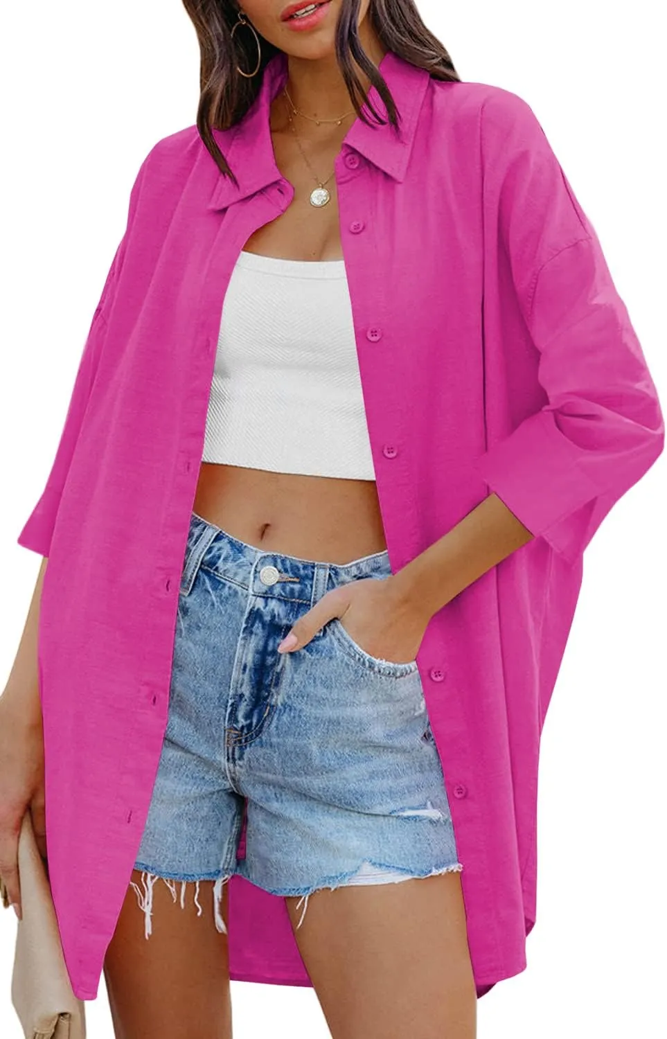 FSHAOES Womens Oversized Button Down Shirts Casual Loose Long Sleeve Solid Lapel Long Blouses Tops with Pockets