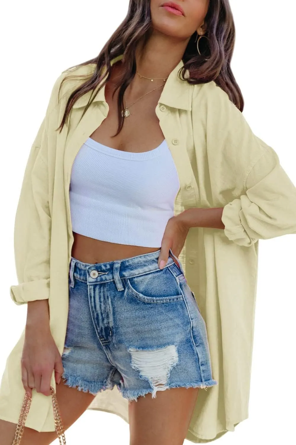 FSHAOES Womens Oversized Button Down Shirts Casual Loose Long Sleeve Solid Lapel Long Blouses Tops with Pockets