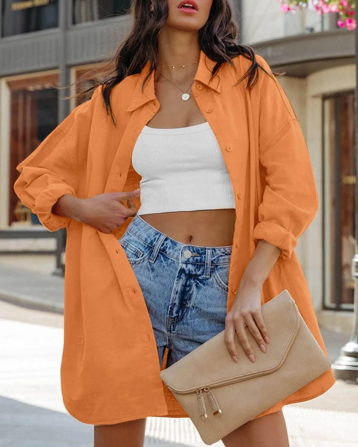 FSHAOES Womens Oversized Button Down Shirts Casual Loose Long Sleeve Solid Lapel Long Blouses Tops with Pockets