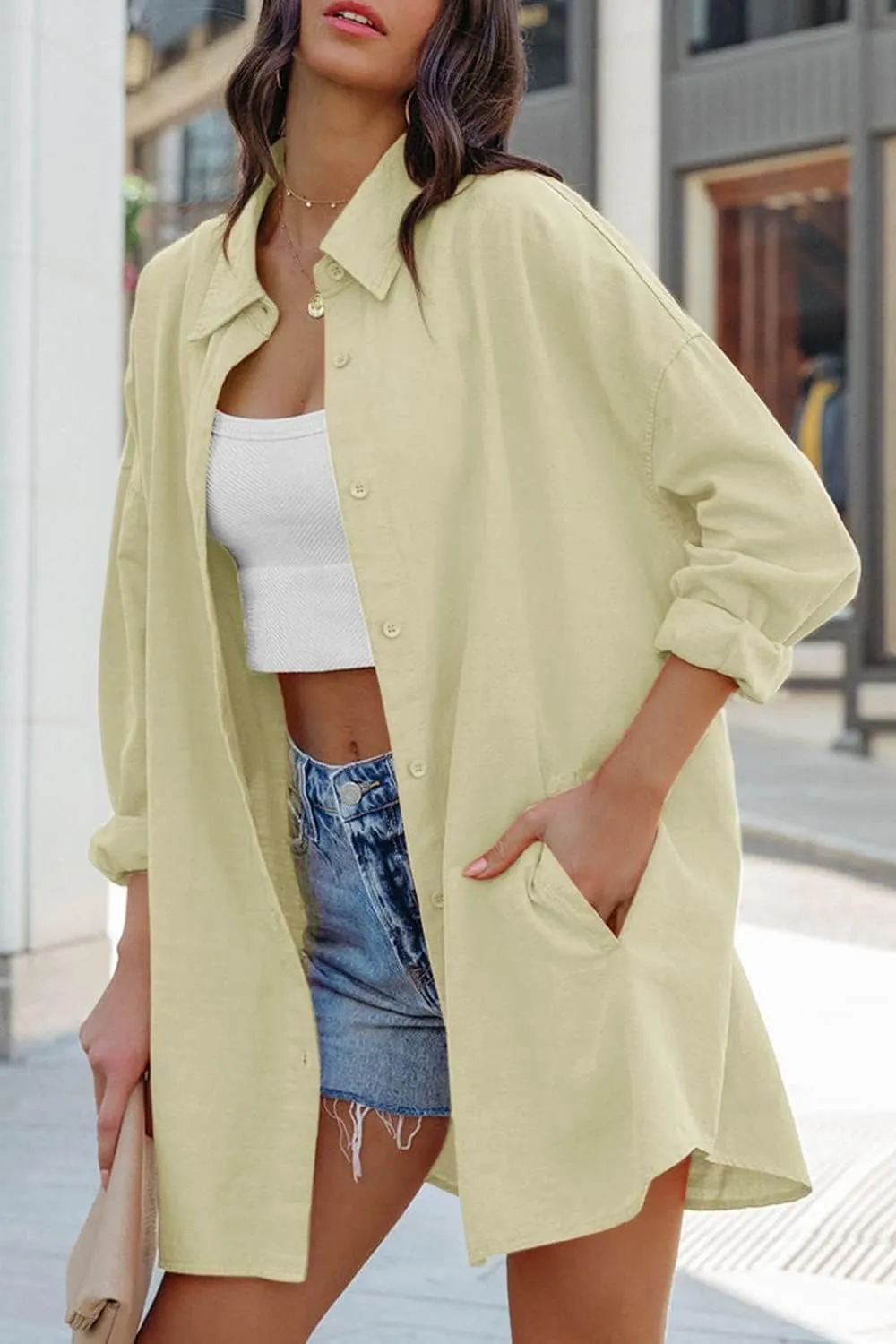 FSHAOES Womens Oversized Button Down Shirts Casual Loose Long Sleeve Solid Lapel Long Blouses Tops with Pockets
