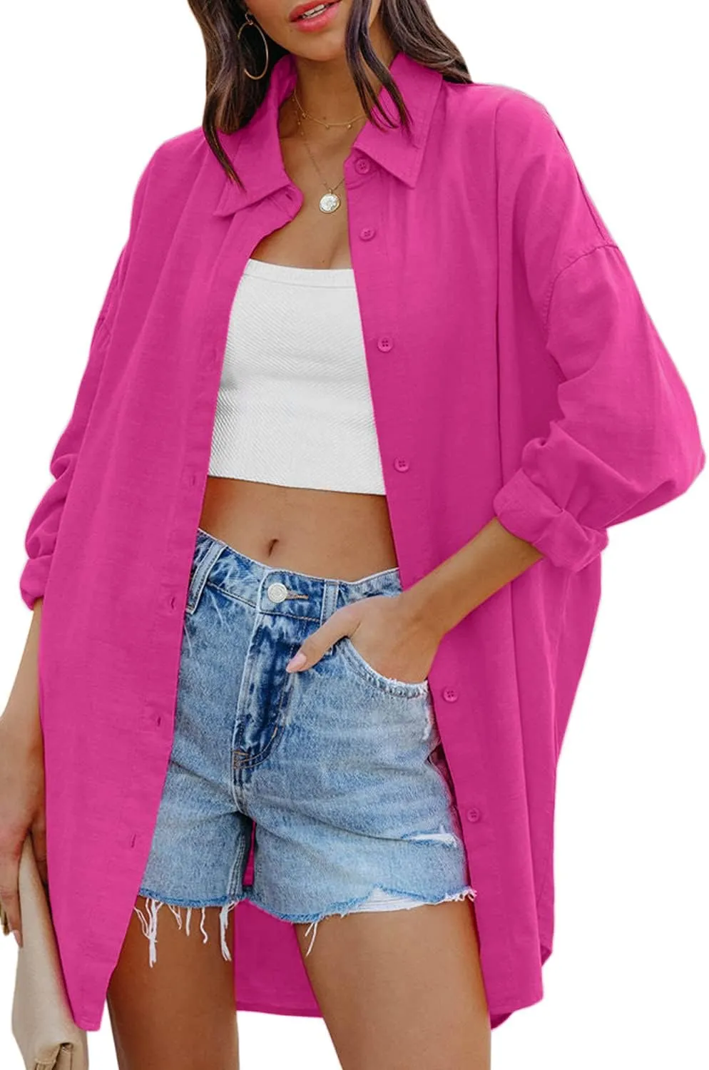 FSHAOES Womens Oversized Button Down Shirts Casual Loose Long Sleeve Solid Lapel Long Blouses Tops with Pockets