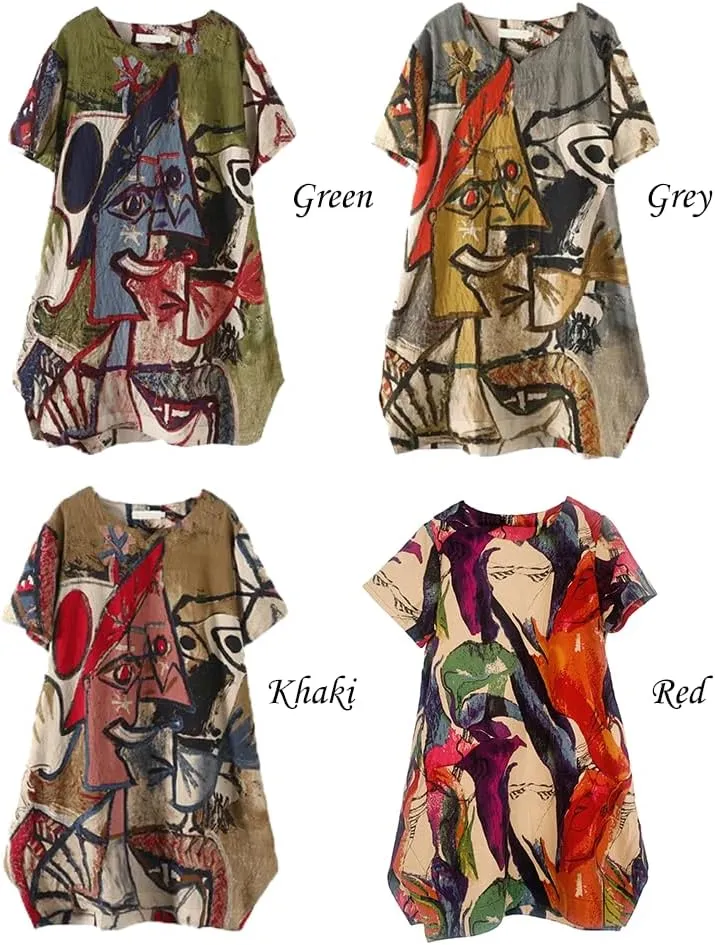 FTCayanz Women's Casual Midi Dresses Short Sleeve Loose Print T Shirt Dress with Pockets