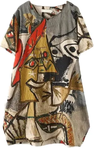 FTCayanz Women's Casual Midi Dresses Short Sleeve Loose Print T Shirt Dress with Pockets
