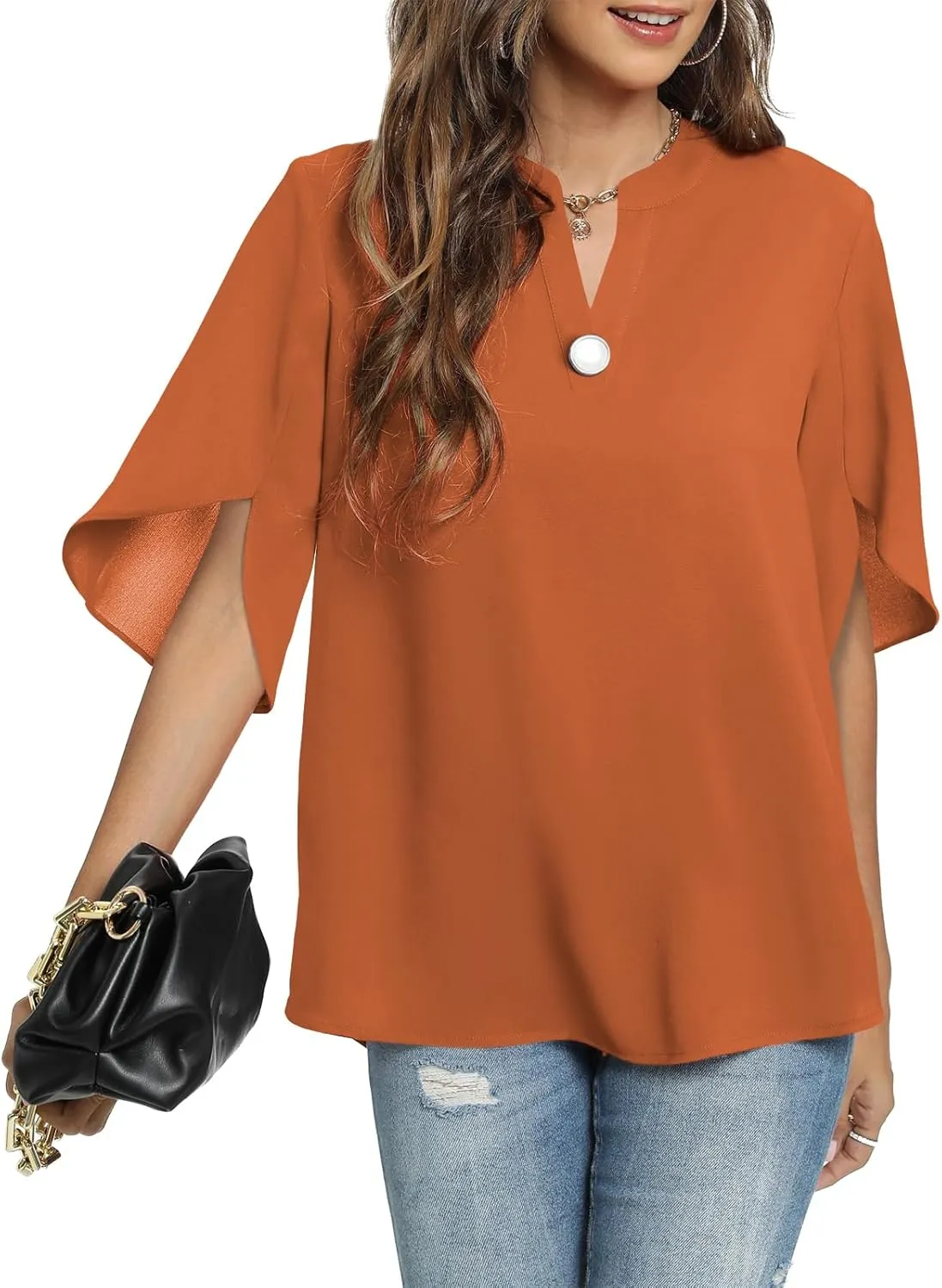 Funlingo Women's Summer Tops Short Sleeve Casual Shirts V Neck Chiffon Dressy Blouse Tops
