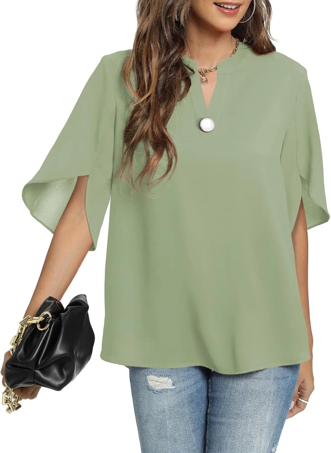 Funlingo Women's Summer Tops Short Sleeve Casual Shirts V Neck Chiffon Dressy Blouse Tops