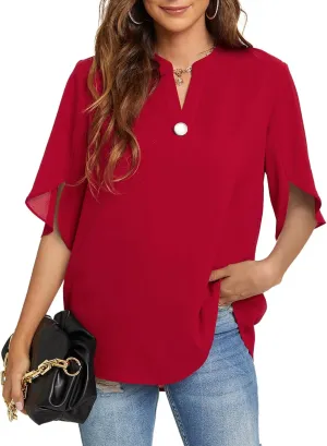 Funlingo Women's Summer Tops Short Sleeve Casual Shirts V Neck Chiffon Dressy Blouse Tops