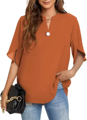 Funlingo Women's Summer Tops Short Sleeve Casual Shirts V Neck Chiffon Dressy Blouse Tops