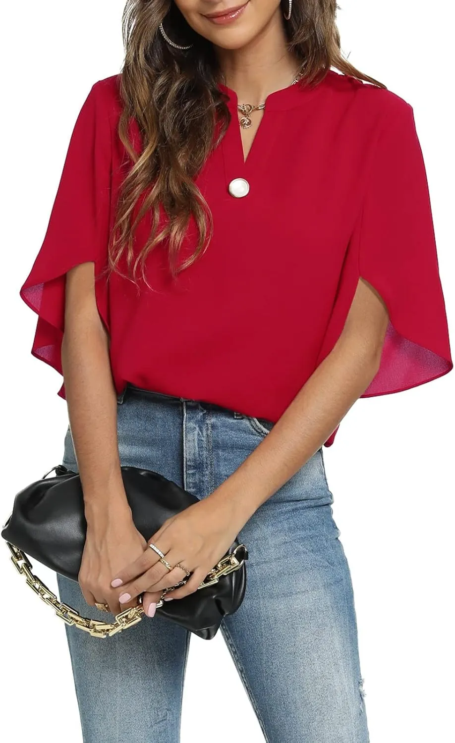 Funlingo Women's Summer Tops Short Sleeve Casual Shirts V Neck Chiffon Dressy Blouse Tops
