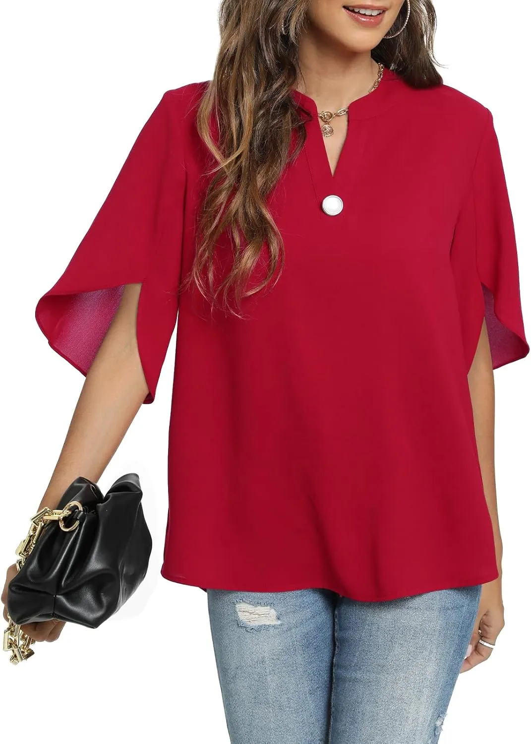 Funlingo Women's Summer Tops Short Sleeve Casual Shirts V Neck Chiffon Dressy Blouse Tops