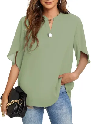 Funlingo Women's Summer Tops Short Sleeve Casual Shirts V Neck Chiffon Dressy Blouse Tops