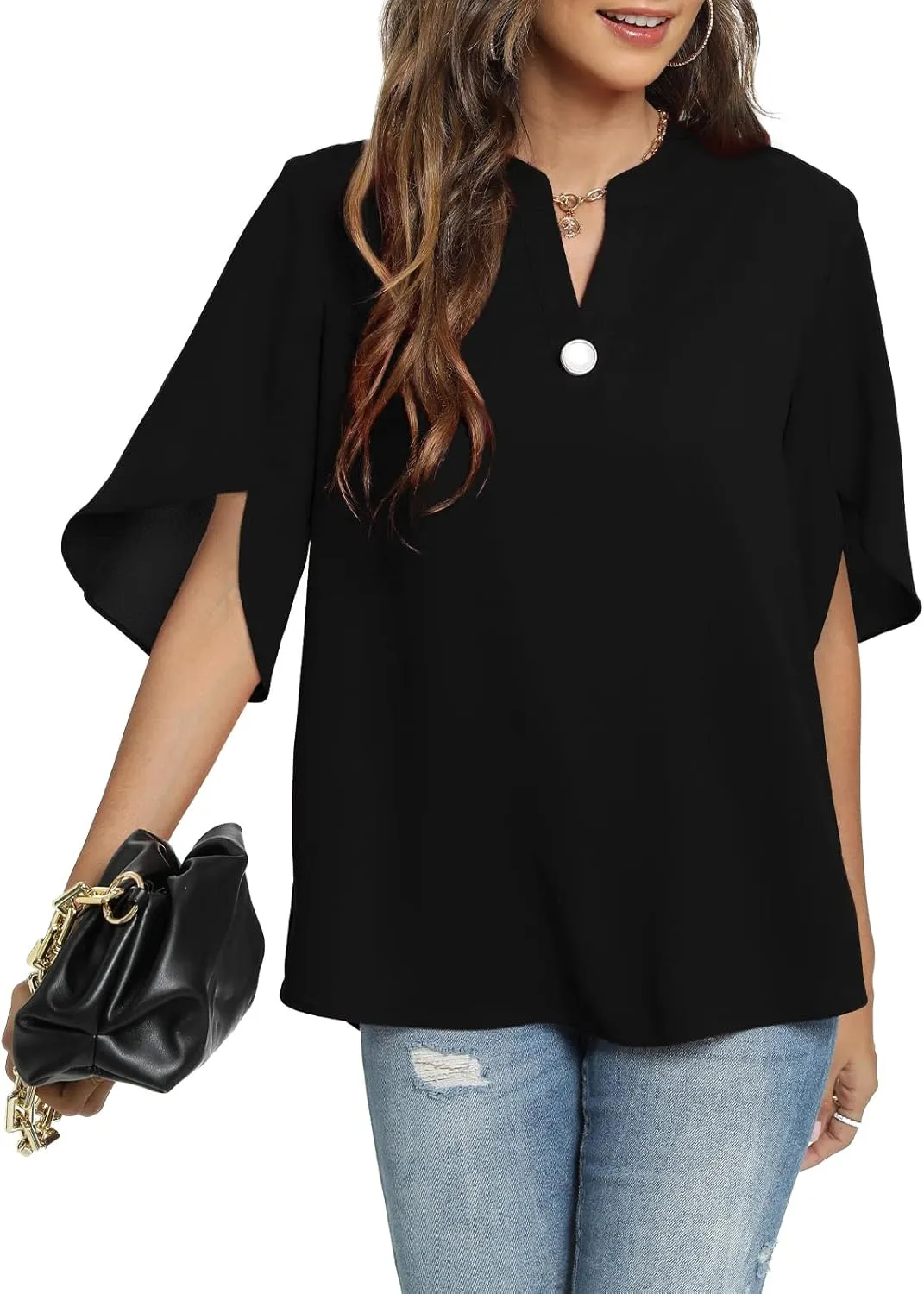 Funlingo Women's Summer Tops Short Sleeve Casual Shirts V Neck Chiffon Dressy Blouse Tops
