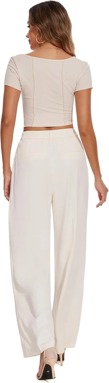 FUNYYZO Women's Loose Pleated Front Long Pants Wide Leg Trousers Solid Causal Dressy
