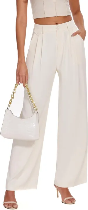 FUNYYZO Women's Loose Pleated Front Long Pants Wide Leg Trousers Solid Causal Dressy