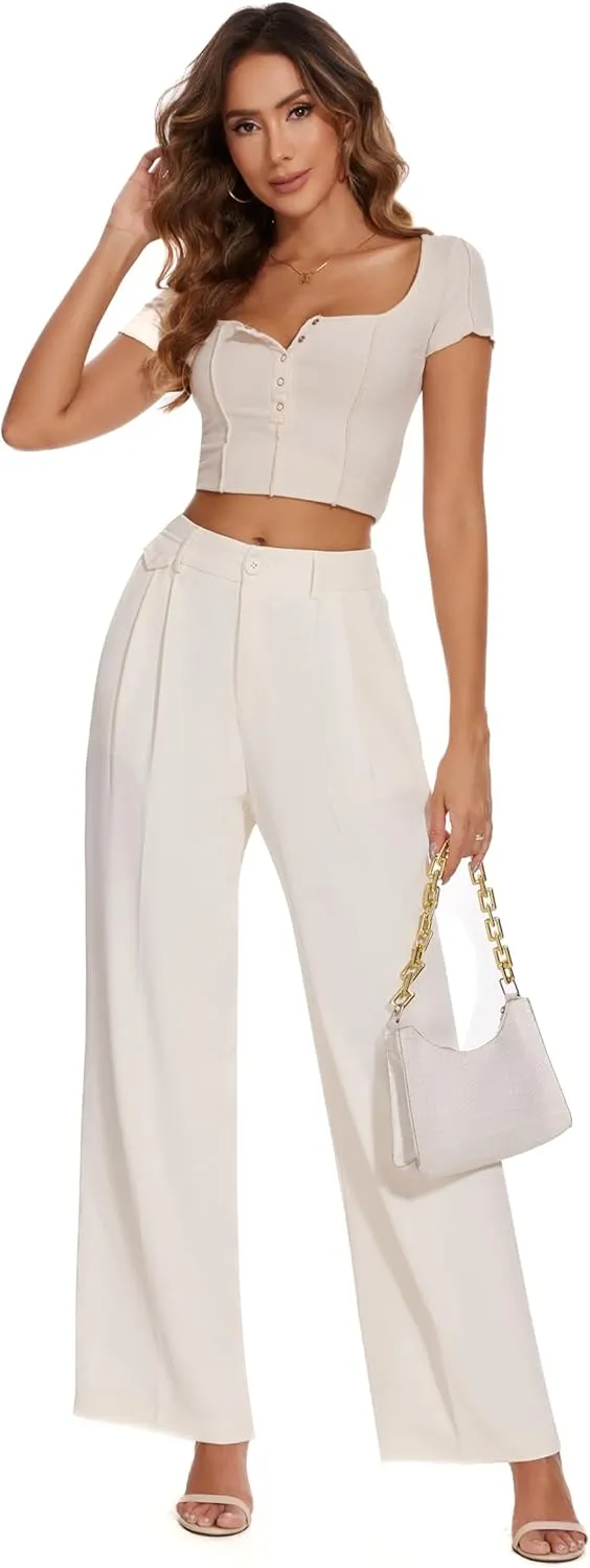 FUNYYZO Women's Loose Pleated Front Long Pants Wide Leg Trousers Solid Causal Dressy