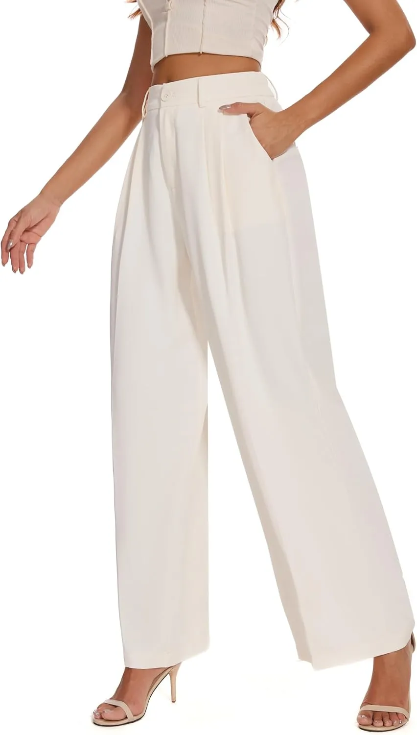 FUNYYZO Women's Loose Pleated Front Long Pants Wide Leg Trousers Solid Causal Dressy
