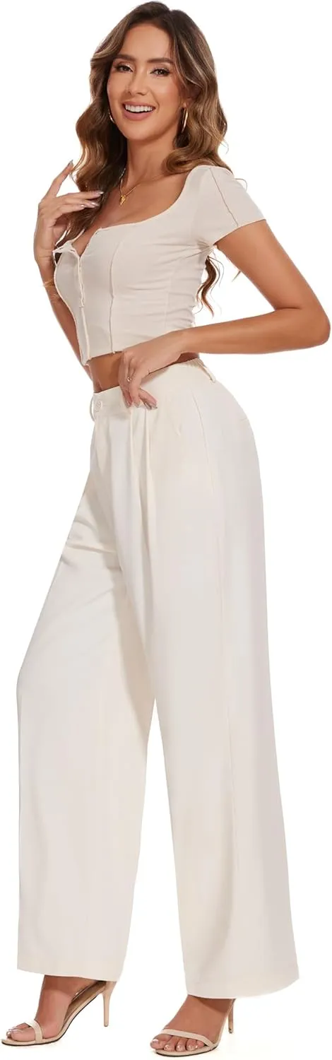 FUNYYZO Women's Loose Pleated Front Long Pants Wide Leg Trousers Solid Causal Dressy