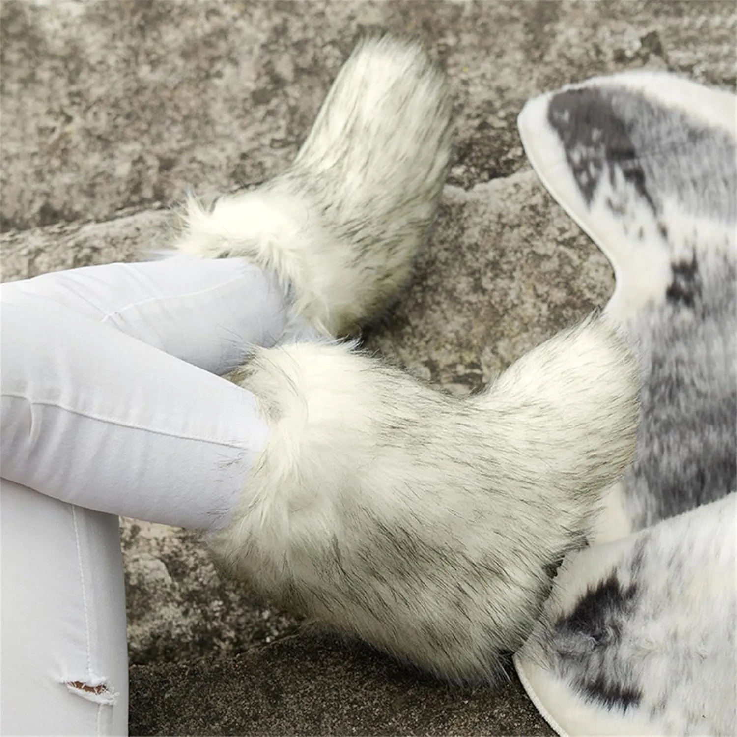 Furry Faux Fur Boots for Women Outdoor Flat Shoes Winter Warm Fuzzy Fluffy Furry Ankle Boots Mid Calf Snow Booties