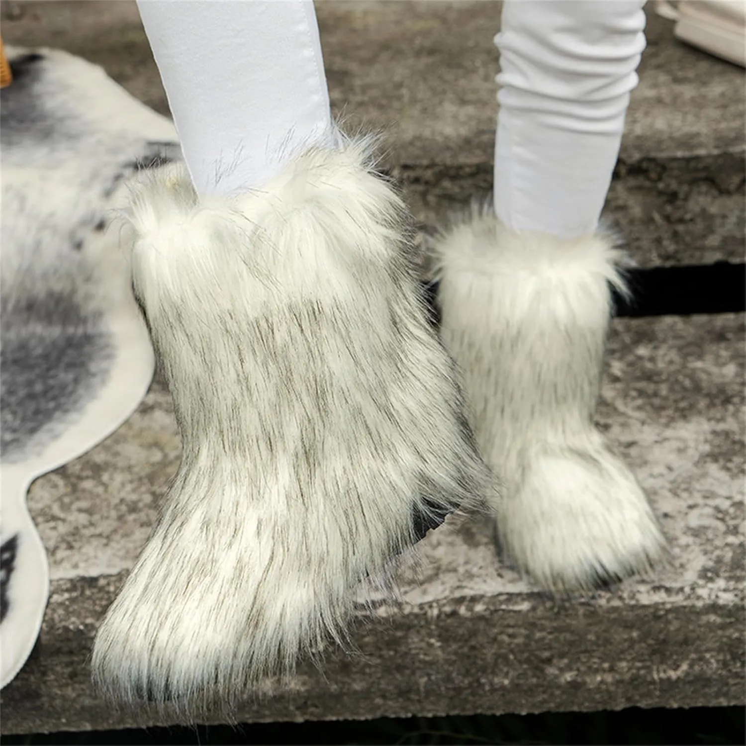 Furry Faux Fur Boots for Women Outdoor Flat Shoes Winter Warm Fuzzy Fluffy Furry Ankle Boots Mid Calf Snow Booties