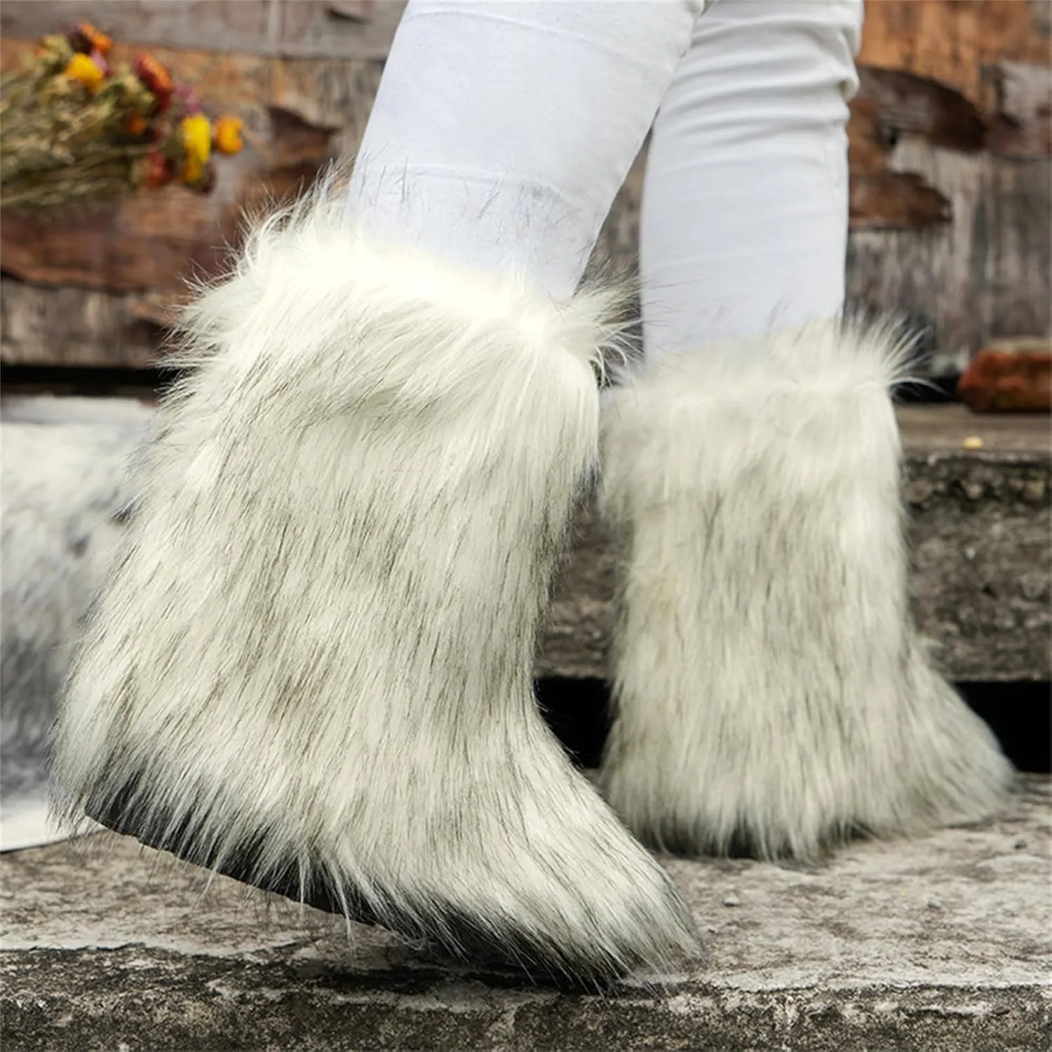Furry Faux Fur Boots for Women Outdoor Flat Shoes Winter Warm Fuzzy Fluffy Furry Ankle Boots Mid Calf Snow Booties