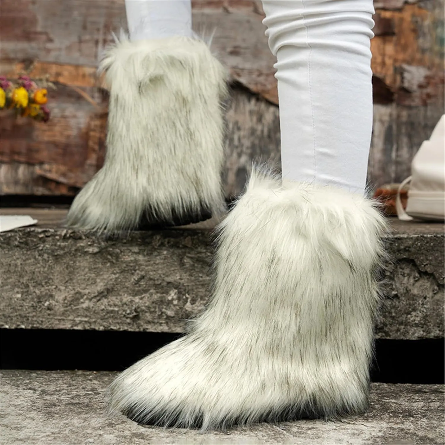 Furry Faux Fur Boots for Women Outdoor Flat Shoes Winter Warm Fuzzy Fluffy Furry Ankle Boots Mid Calf Snow Booties