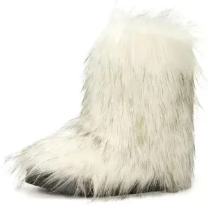 Furry Faux Fur Boots for Women Outdoor Flat Shoes Winter Warm Fuzzy Fluffy Furry Ankle Boots Mid Calf Snow Booties