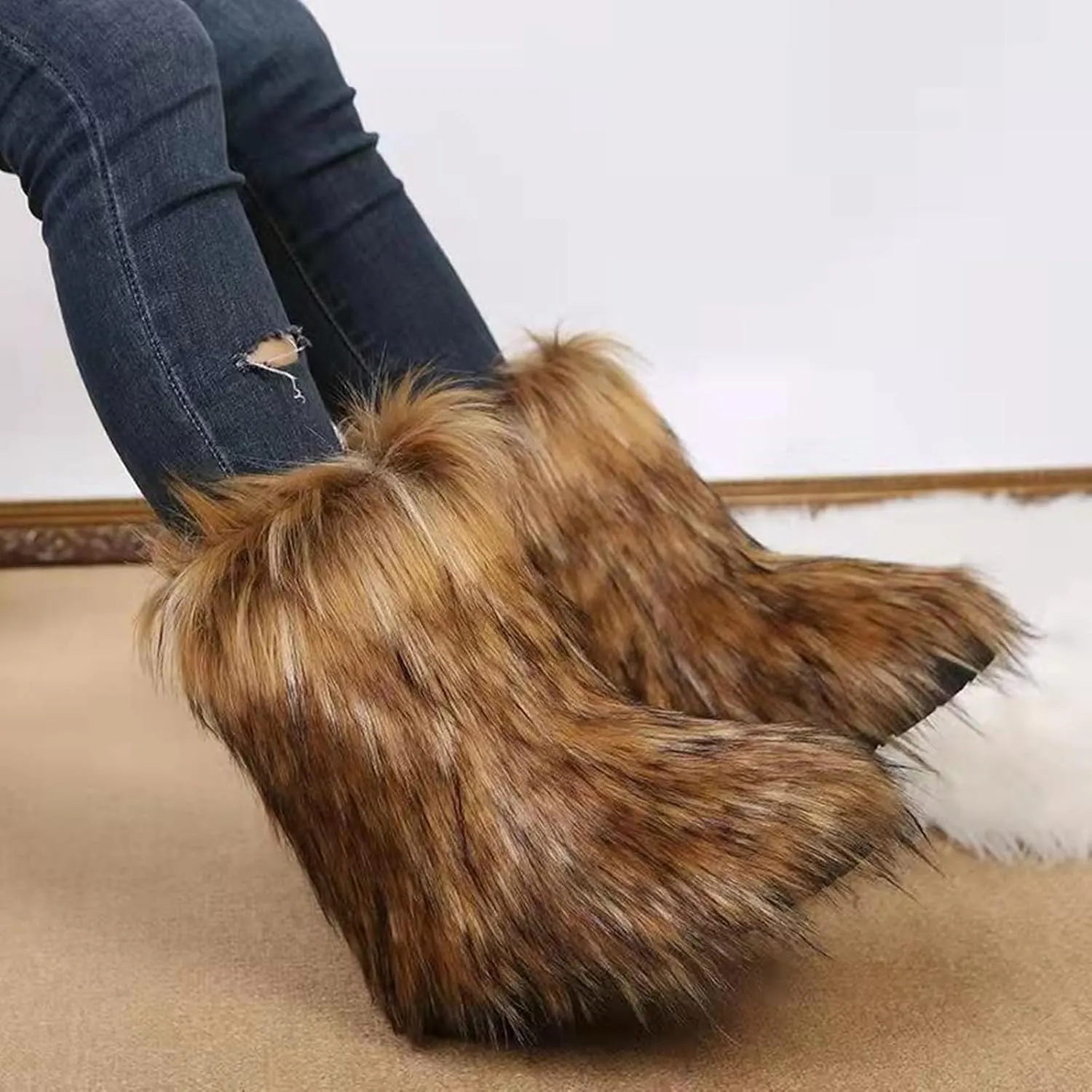 Furry Faux Fur Boots for Women Outdoor Flat Shoes Winter Warm Fuzzy Fluffy Furry Ankle Boots Mid Calf Snow Booties